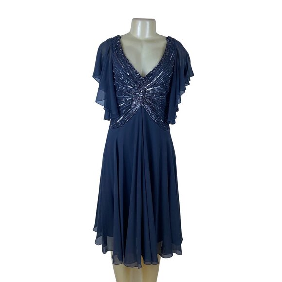 Jkara Womens Navy Polyester Beaded Flutter Sleeve Chiffon Cocktail Dress Size 8 - Picture 1 of 6